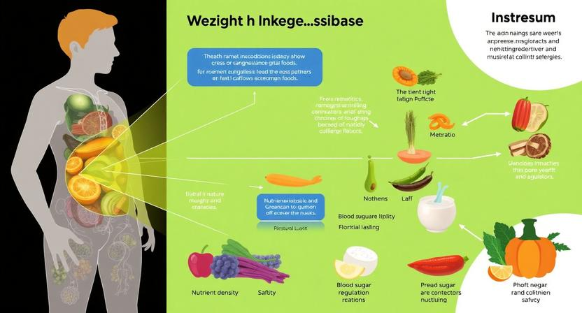 Complex medical illustration demonstrating the dynamic metabolic and biological advantages of weight loss with natural foods, highlighting nutrient density, satiety, and blood sugar regulation