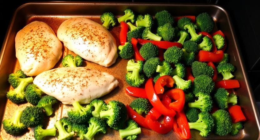 A large baking sheet fresh from the oven featuring seasoned chicken breasts, bright broccoli florets, and red bell peppers