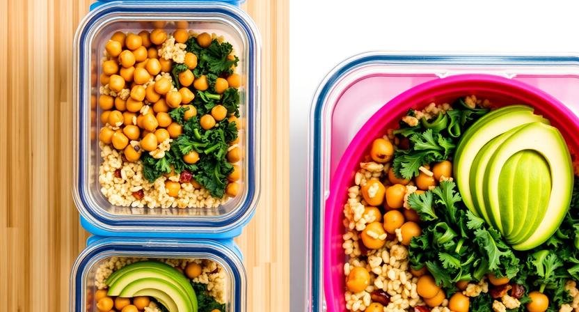 A stack of colorful meal prep containers containing quinoa bowls with roasted chickpeas, kale, and sliced avocado