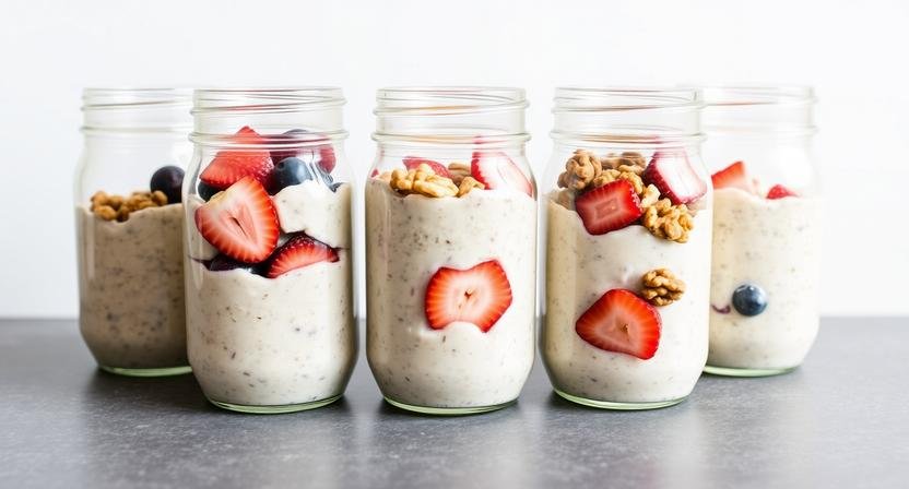 A row of five glass mason jars filled with overnight oats and various fruit toppings like strawberries and walnuts