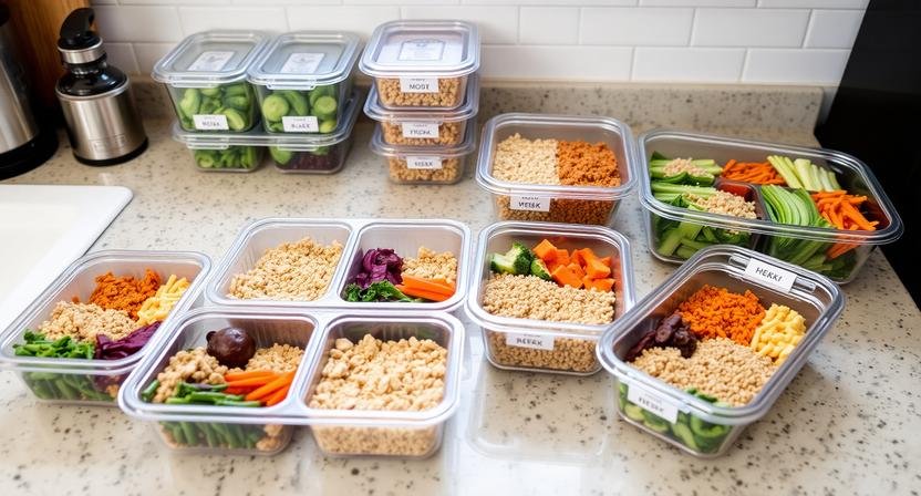 An organized kitchen counter showing a week's worth of healthy meal prep containers with balanced portions of protein, vegetables, and grains