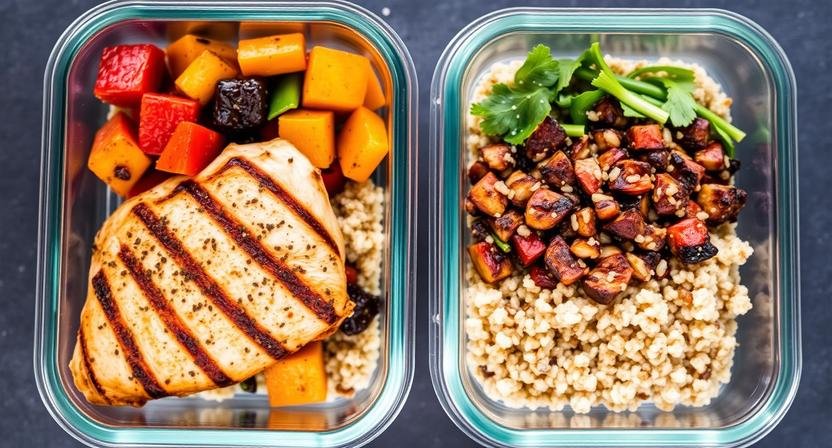 A professional glass meal-prep container filled with grilled chicken, colorful roasted vegetables, and fluffy quinoa