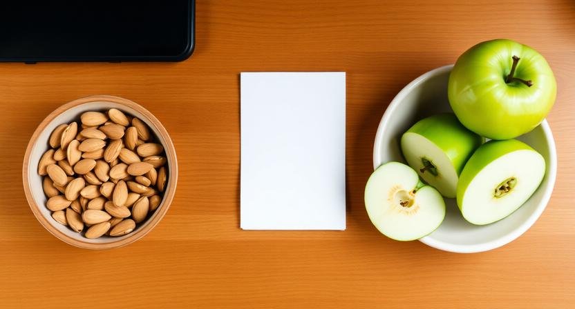 A minimalist wooden office desk featuring a small ceramic bowl of raw almonds and sliced green apples.
