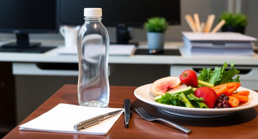 A healthy balanced meal and water bottle on a professional office desk, illustrating healthy eating habits at work for better focus