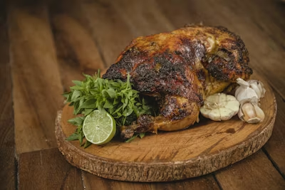 Whole roasted Peruvian Chicken (Pollo a la Brasa) on a serving platter with crispy golden skin