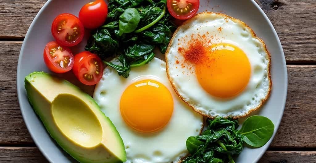 Healthy metabolic health breakfast plate with eggs and avocado for real energy