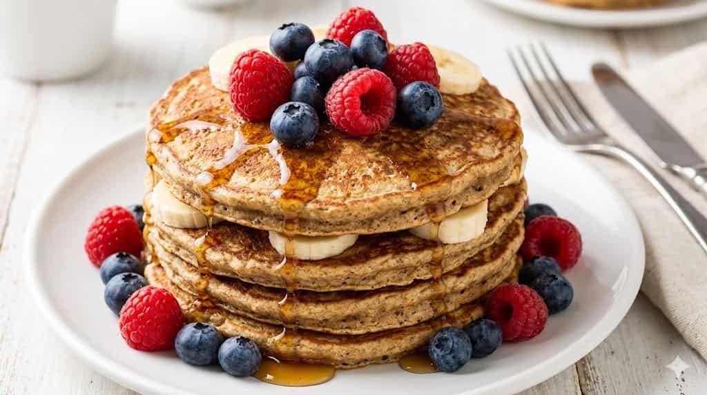 A stack of healthy flourless banana oatmeal pancakes topped with berries