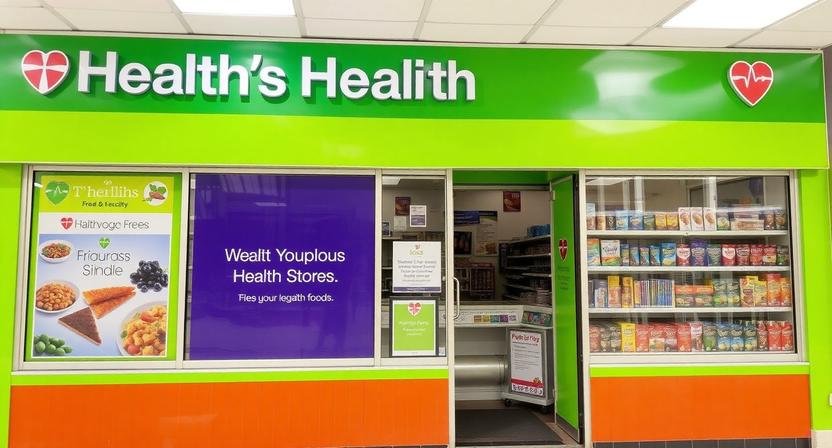 A modern health health food store entrance displaying organic produce and supplements.