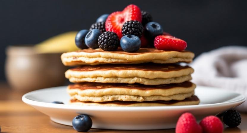 A stack of healthy flourless banana oatmeal pancakes topped with berries.