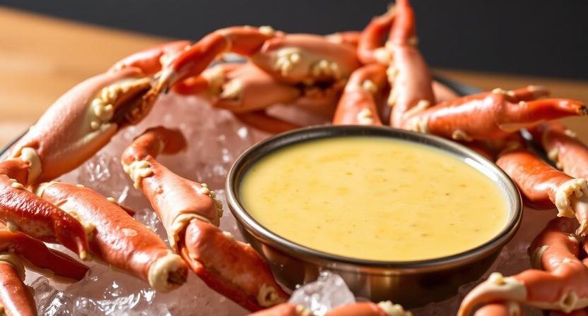 bowl of creamy stone crab mustard sauce surrounded by chilled crab claws on ice