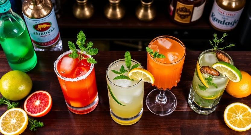 A vibrant flat-lay of assorted cocktail recipes jalbitedrinks, including a spicy margarita and a mojito garnished with fresh herbs and citrus on a rustic wooden bar