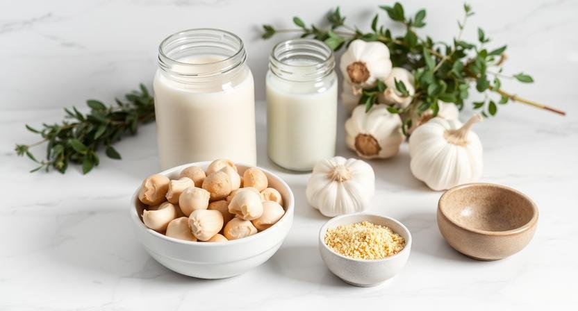 A collection of high-quality dairy-free substitutes like cashews, coconut milk, and nutritional yeast