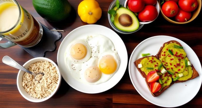 A variety of 15-minute healthy breakfast ideas on a wooden table