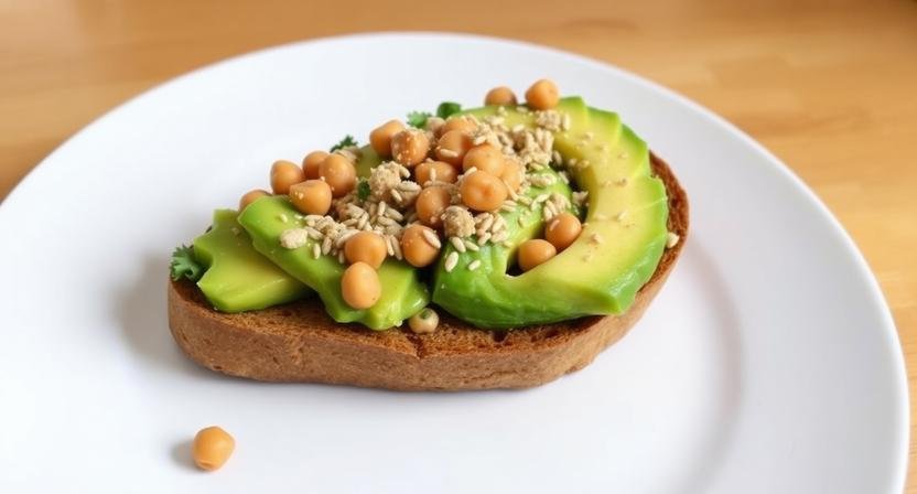 Savory avocado toast with chickpeas as a healthy breakfast without eggs