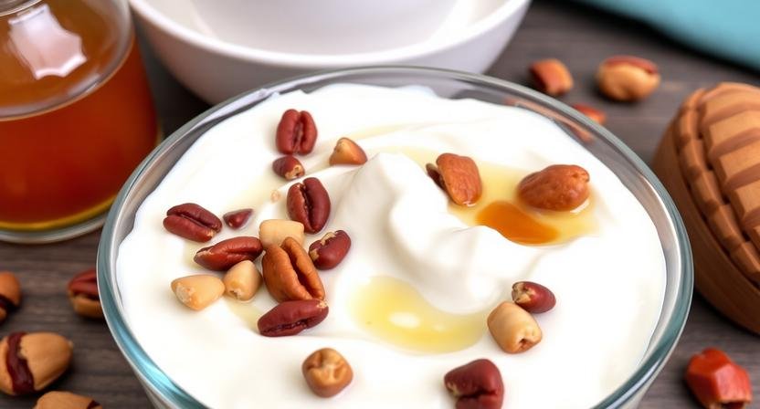 High-protein Greek yogurt bowl with nuts and honey for breakfast