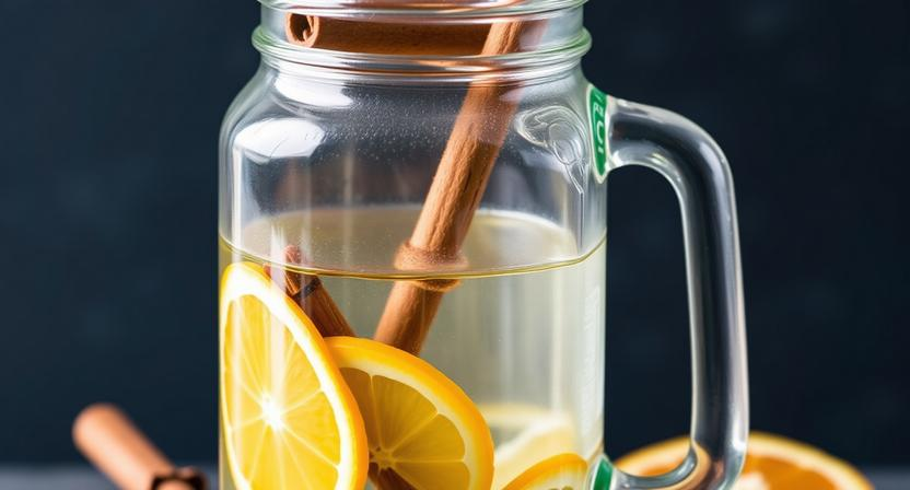 Glass jar with homemade cocktail recipes jalbitedrinks infusion containing vodka, cinnamon, and citrus peels