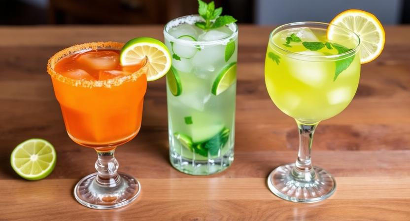 A collection of cocktail recipes jalbitedrinks including a spicy margarita and a mojito on a wooden table.