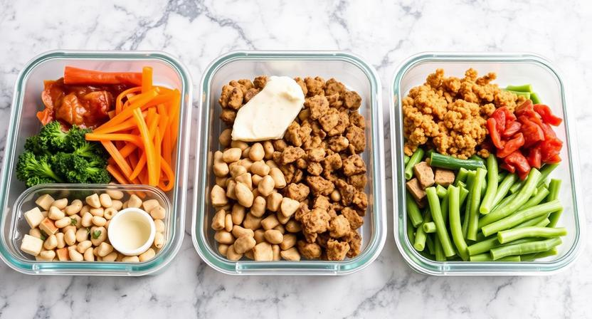 Preparing budget-friendly family meals in containers for weekly meal prep.