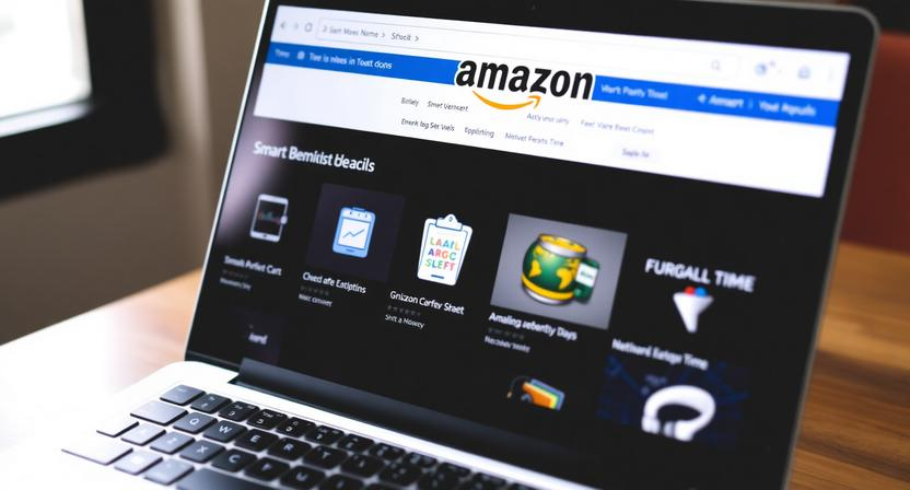 A laptop screen showing smart online deals and Amazon bargains for thrifty shoppers