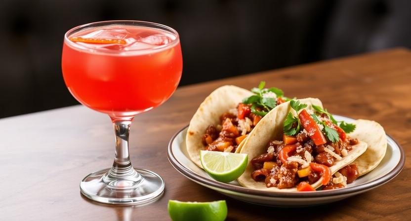 Jalbitedrinks cocktail served alongside spicy tacos and lime wedges for a food pairing
