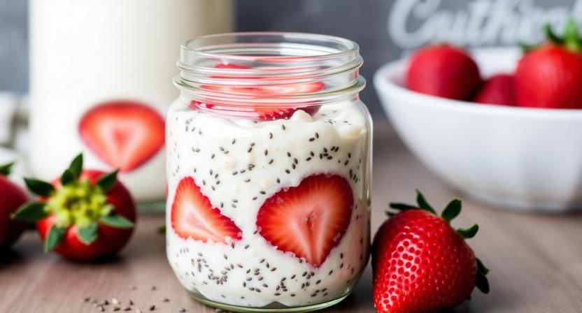 Overnight oats with chia seeds and fresh strawberries in a glass mason jar