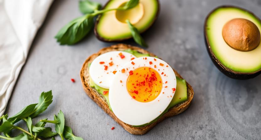 Healthy avocado toast with sliced boiled egg and red pepper flakes