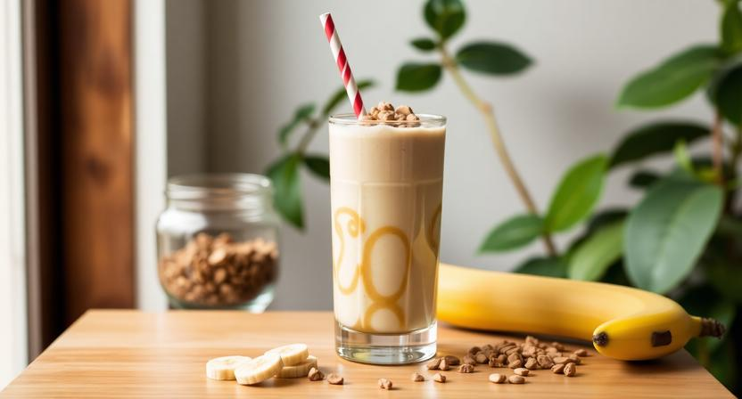 Protein-rich banana and peanut butter breakfast smoothie in a tall glass]
