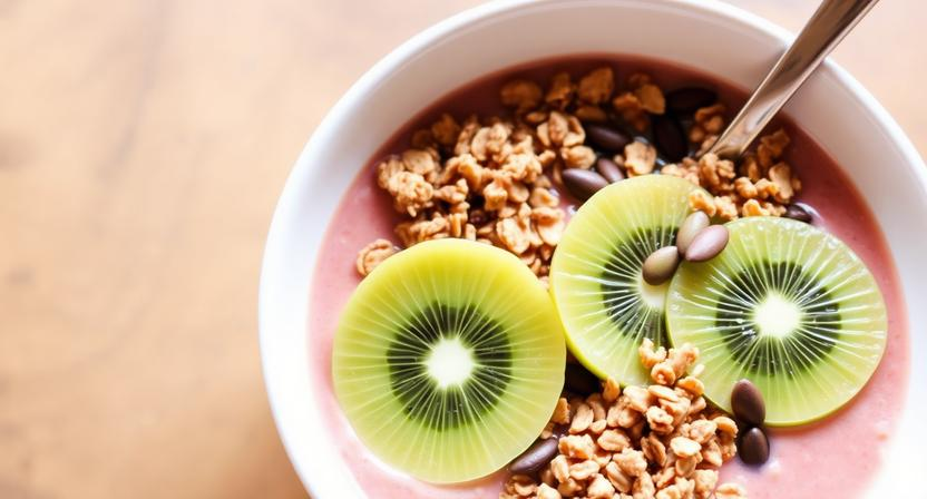 Tropical smoothie bowl topped with granola, sliced kiwi, and pumpkin seeds 