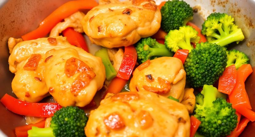 Sizzling chicken stir-fry with colorful bell peppers and broccoli in a pan