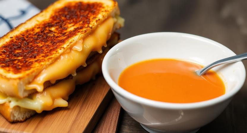 A toasted golden grilled cheese sandwich next to a bowl of creamy tomato soup