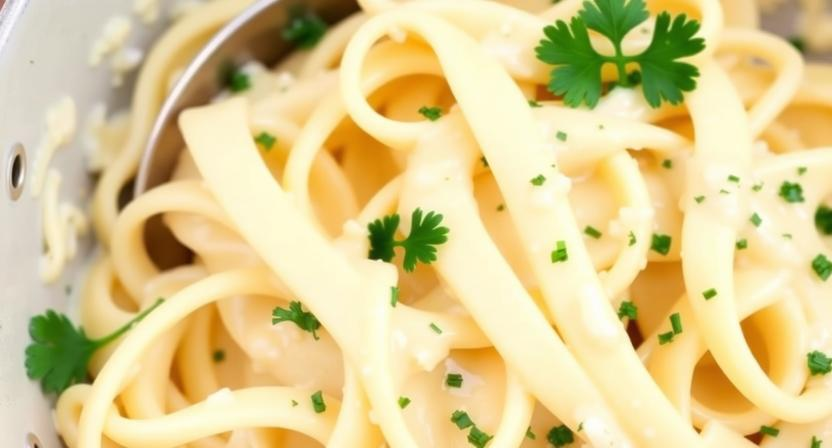 A close-up shot of the finished Easy Alfredo Sauce Recipe tossed with fettuccine pasta and garnished with fresh parsley