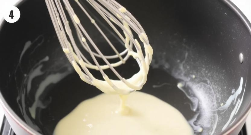 Homemade Easy Alfredo Sauce Recipe being whisked in a skillet to show the smooth, creamy, and lump-free garlic butter emulsion