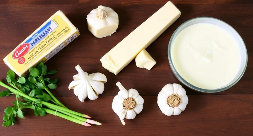 Fresh ingredients for an Easy Alfredo Sauce Recipe including a wedge of Parmesan cheese, heavy cream, fresh garlic cloves, and butter.
