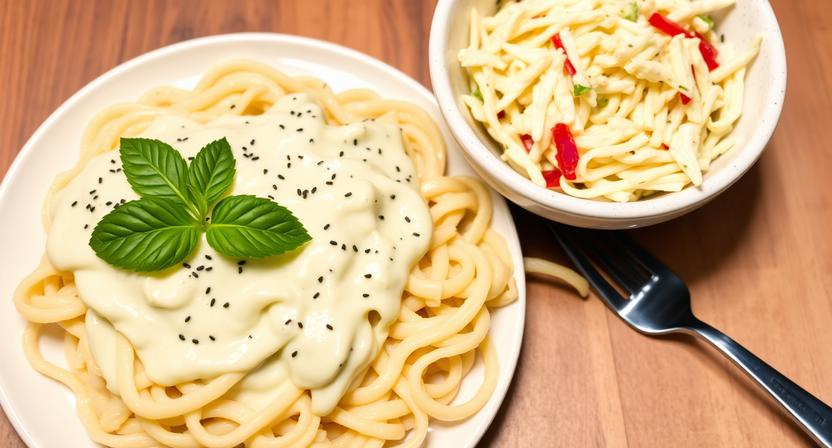 A plate of pasta with Easy Alfredo Sauce Recipe served alongside a bowl of fresh, crunchy homemade coleslaw