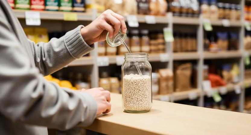 ustomer filling a reusable glass jar with organic oats at a health health food store