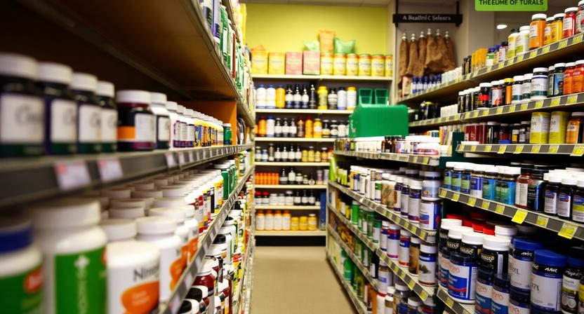 neatly organized rows of supplement bottles in a health health food store