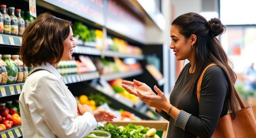 health health food store employee providing nutritional expert advice to a customer 
