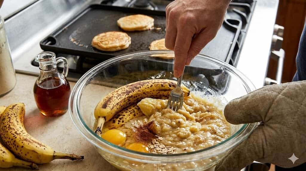 Mashing ripe bananas to create a healthy pancake batter without flour