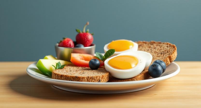 healthy breakfast with eggs fruits and whole grain toast for energy