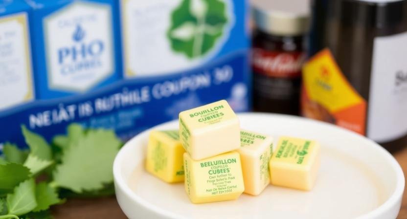Beef Bouillon Cubes Pho recipe in a white bowl with rice noodles, fresh herbs, and lime on a dark wooden table