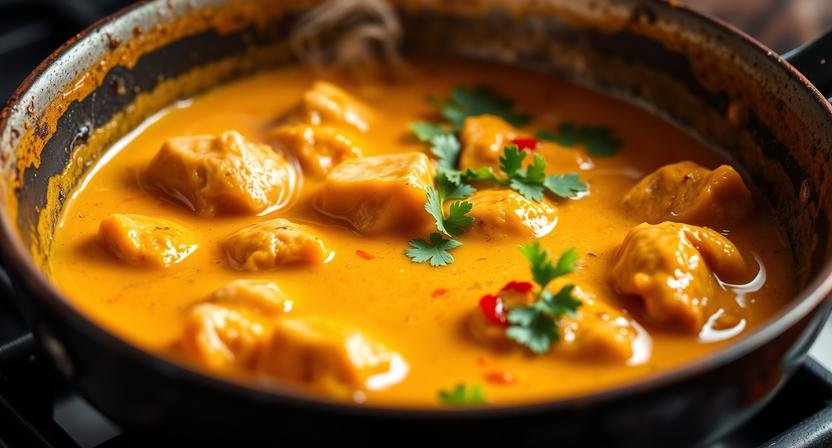 Close up of bubbling dairy free coconut curry chicken in a pan showing creamy texture
