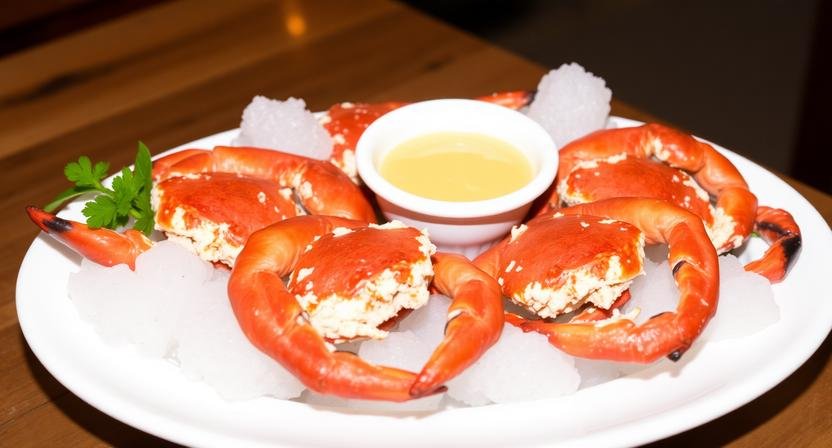 Alt Text: Chilled stone crab claws served on a platter with the signature mustard dipping sauce