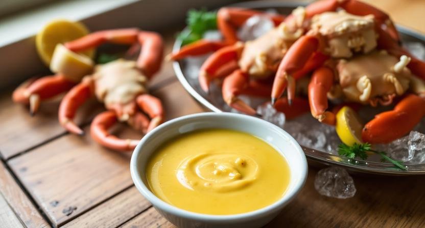 A gourmet bowl of creamy stone crab mustard sauce with chilled crab claws on ice