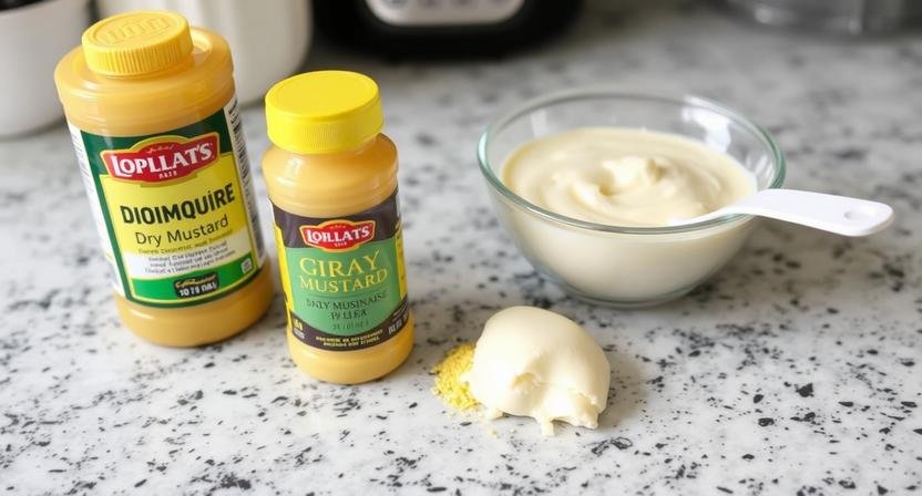 Ingredients for mustard sauce including Dijon, dry mustard, and mayonnaise on a counter