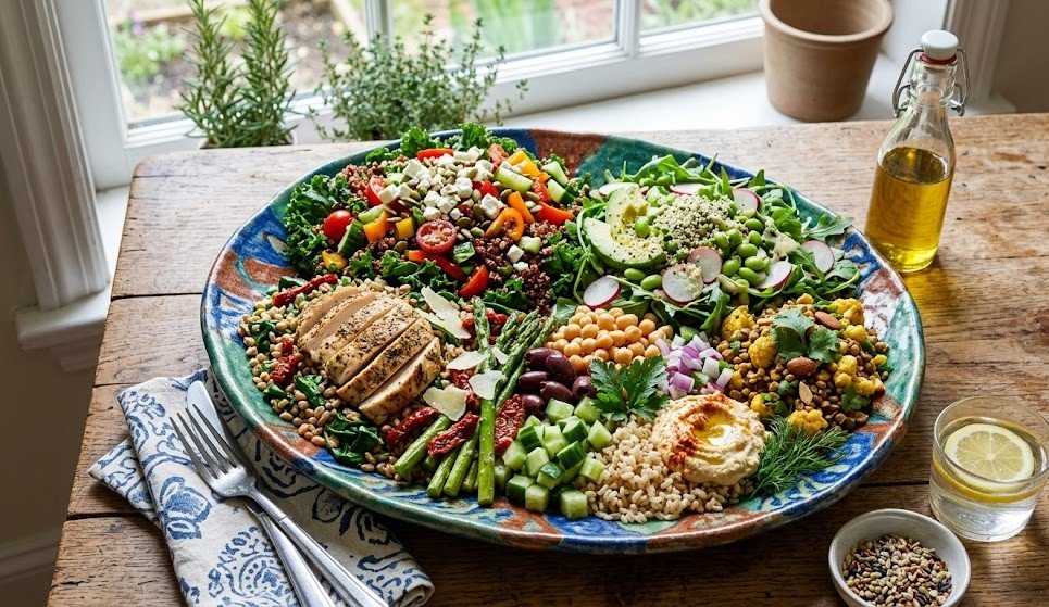 A colorful platter of healthy lunch recipes with grains and fresh greens