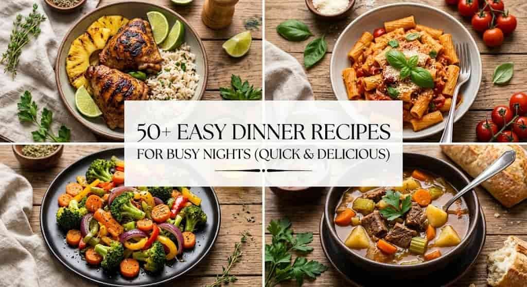 50+ Easy dinner recipes collage for busy nights showing chicken, pasta, and healthy stew