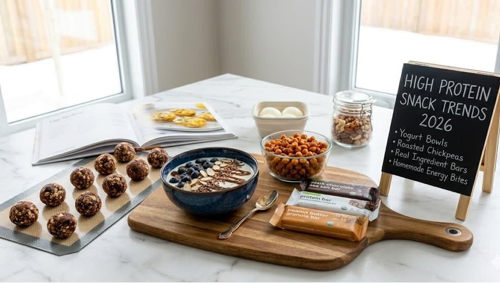 High Protein Snack Trends 2026 featuring healthy snacks like yogurt bowls, roasted chickpeas, protein bars, and homemade energy bites