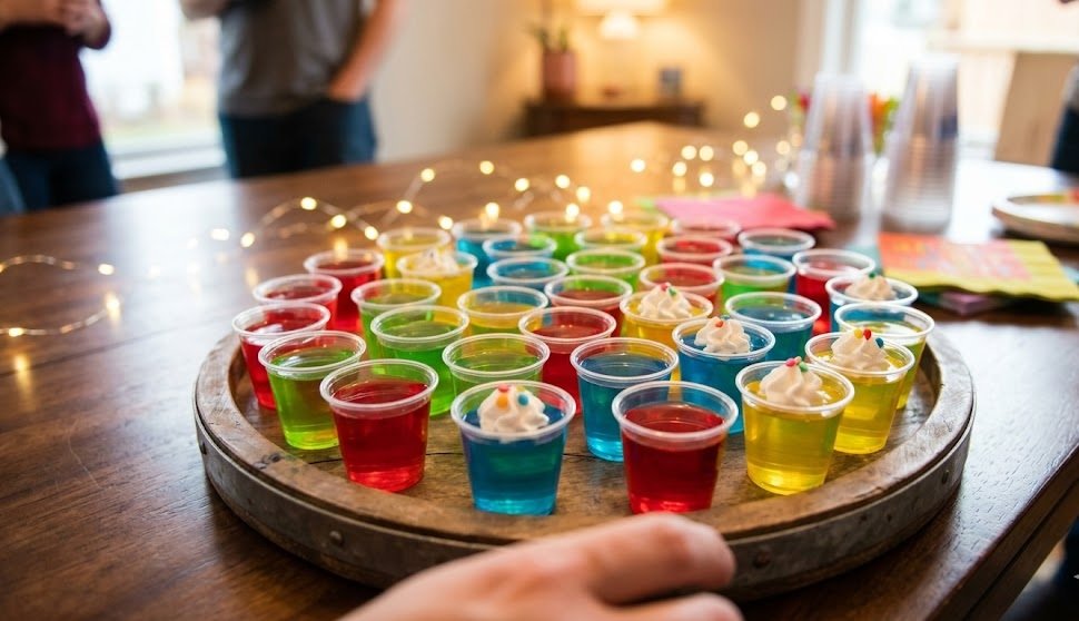 Colorful assorted jello shots on a serving tray for a party