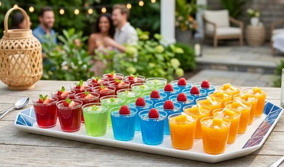 A vibrant arrangement of the best jello shot flavors including strawberry lime and blue raspberry on a party tray