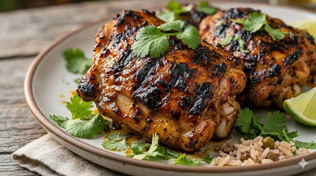A mouthwatering close-up of grilled Jamaican jerk chicken with a charred glaze and fresh cilantro garnish